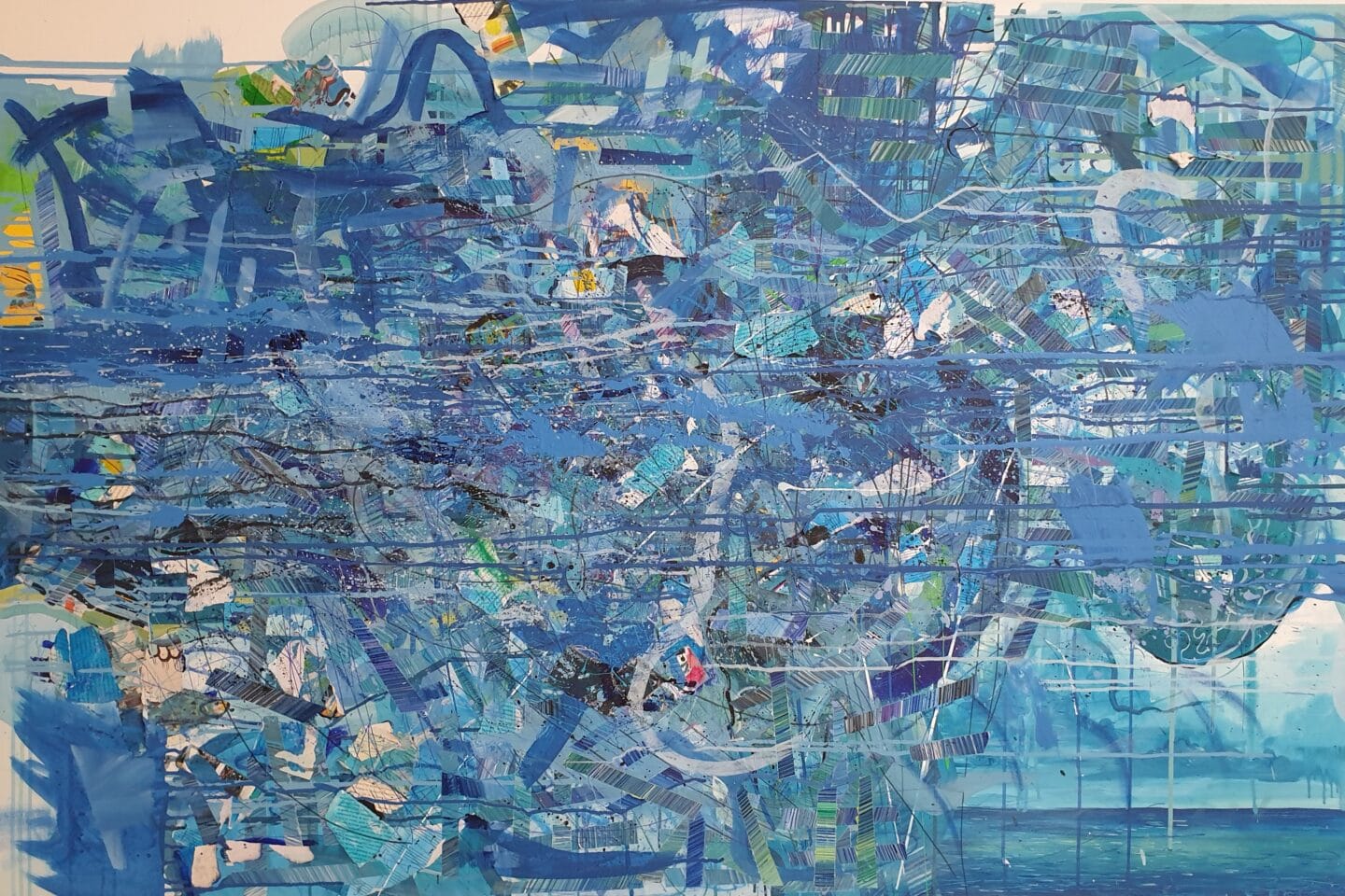 Nina T. Polegek, Globinski vzdihljaji iz preteklosti, 2023, meš. teh. na platnu, 100 x 150 x 4 cm